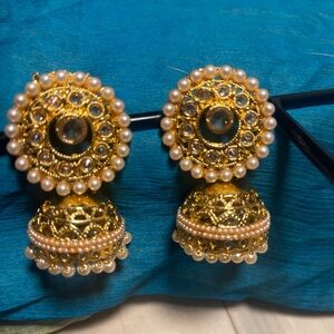 Gold and Cream Filigree Jhumka Earrings
